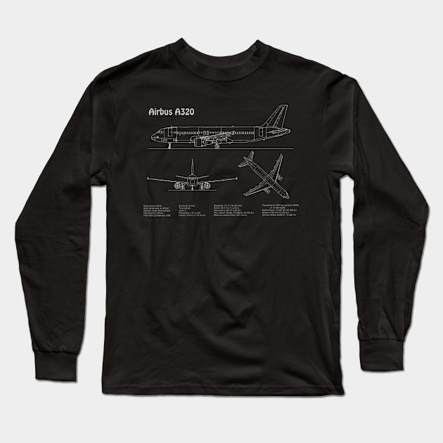 Airbus a320 Airplane Blueprint Plan - PDpng Long Sleeve T-Shirt by SPJE Illustration Photography